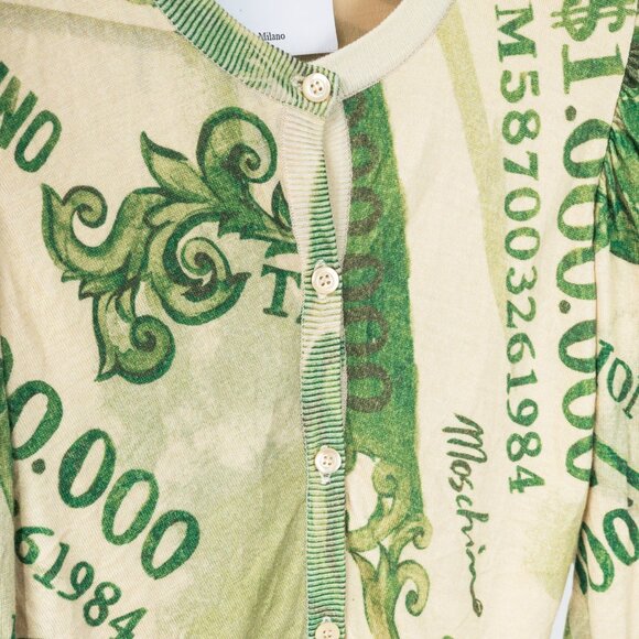 Moschino AW/19 Green Wool Money-Print Ruched Cardigan - Picture 7 of 10
